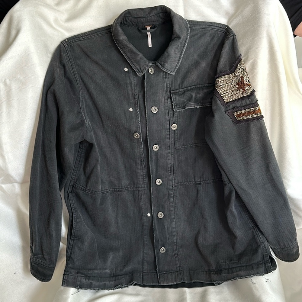 Free People Charcoal Denim Beaded Arm Patch Military Style Jacket
